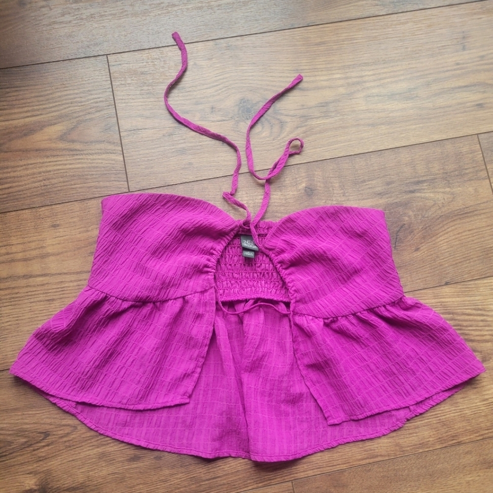 Wild Fable Pink Strapless Halter Smocked Peplum Crop Top Small